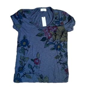 NWT Anthropologie T.La XXS Floral Blue Print V Neck Pocket‎ Tee